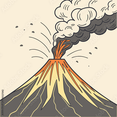 Illustration of a volcano erupting with smoke and lava, showcasing geological activity and natural disaster, conveying the power and danger of volcanic eruptions