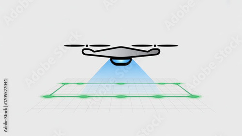 Drone surveying a field the drone is scanning the land with a blue light, creating a grid with green dots