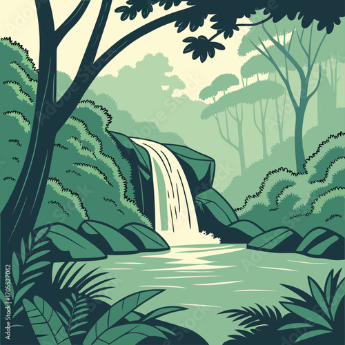 Illustration of a waterfall in a forest, the waterfall is surrounded by trees and rocks, and the water is clear and blue