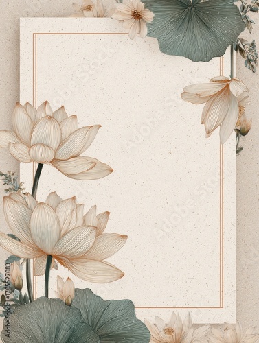 Elegant Lotus Flowers and Leaves, Botanical Illustration, Beige Background.