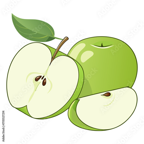 Vector Illustration of Fresh Green Apple with Leaf and Slice
