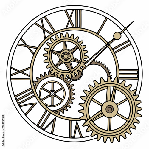 Vector art of a captivating clockwork mechanism illustration, showcasing intricate gears and a classic roman numeral dial, , evoking a sense of timeless precision and mechanical artistry