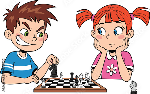 Kids playing chess, boy winning, girl thinking, competitive children, strategic game, kids competition, cartoon kids, smart kids, thinking girl, chessboard game.