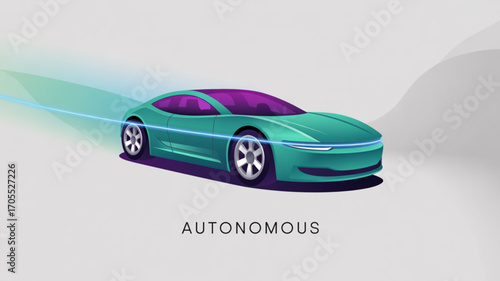 Autonomous car the car is a sleek, green sports car with a purple roof and a blue light trail