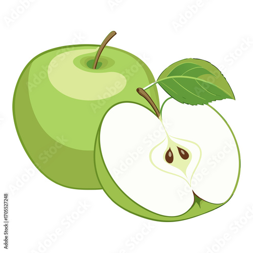 Vector Illustration of Fresh Green Apple with Leaf and Half Slice