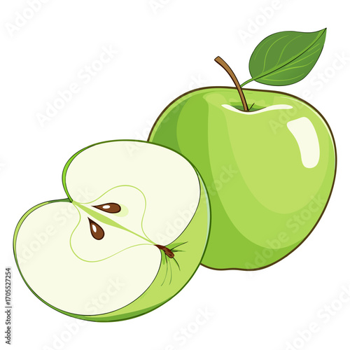Vector Illustration of Fresh Green Apple with Leaf and Half Slice