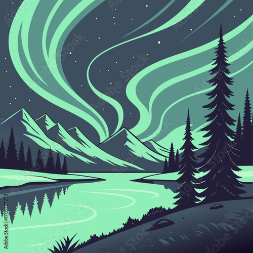 Vector art of a captivating illustration of the aurora borealis dancing above a serene lake surrounded by mountains and forests, reflecting the mesmerizing northern lights in the tranquil water