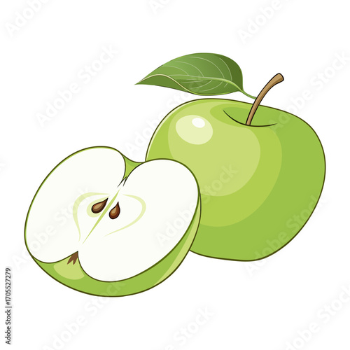 Vector Illustration of Fresh Green Apple with Leaf and Half Slice
