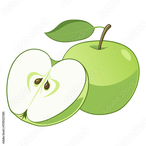 Vector Illustration of Fresh Green Apple with Leaf and Half Slice