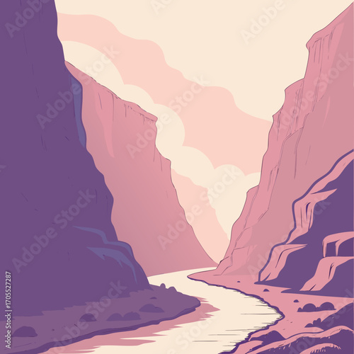 Vector art of a captivating illustration of a canyon with a winding river, showcasing a serene landscape with soft pastel colors and a minimalist style, creating a peaceful atmosphere
