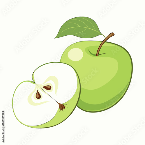 Vector Illustration of Fresh Green Apple with Leaf and Half Slice