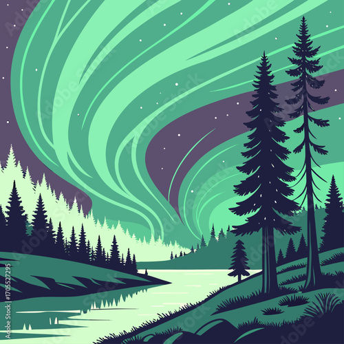 Vector art of a captivating illustration of the aurora borealis dancing across the night sky, illuminating a serene landscape of evergreen forests and a tranquil river under a starry expanse