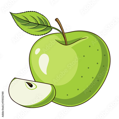 Vector Illustration of Fresh Green Apple with Leaf and Slice