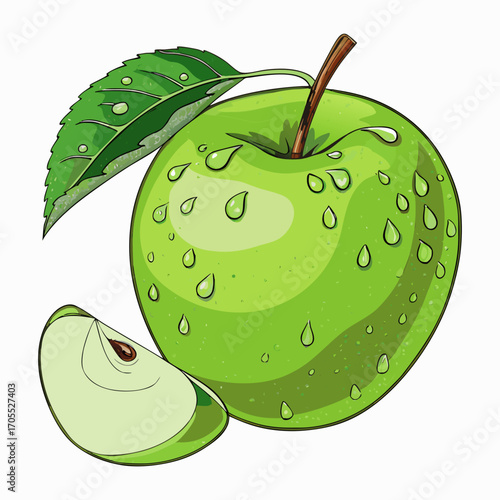 Green Apple with Leaf, Water Drops, and Slice Vector Illustration