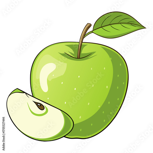 Vector Illustration of Fresh Green Apple with Leaf and Half Slice