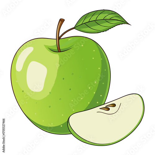 Vector Illustration of Fresh Green Apple with Leaf and Slice