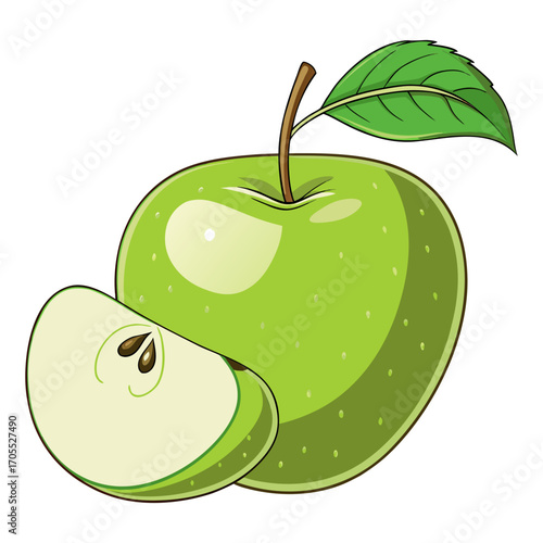 Vector Illustration of Fresh Green Apple with Leaf and Slice