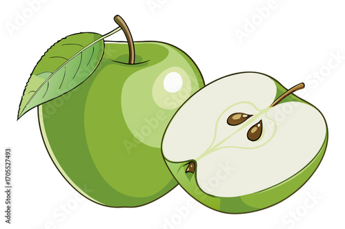 Vector Illustration of Fresh Green Apple with Leaf and Half Slice
