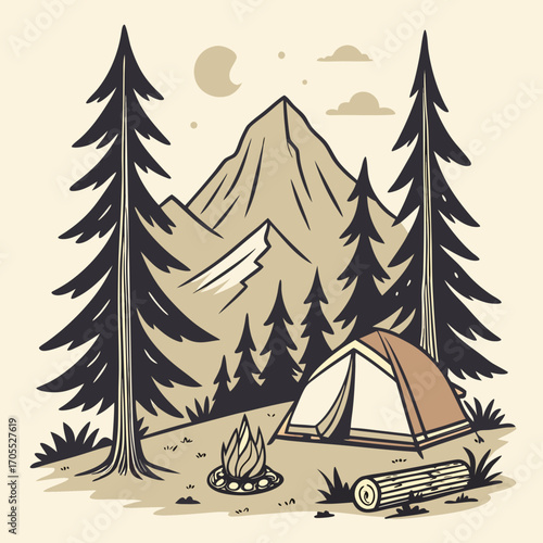 Vector art of a cozy camping scene with a tent pitched near a crackling campfire, set against a backdrop of majestic mountains and towering pine trees under a serene moonlit sky