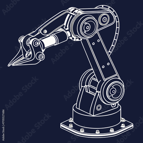 Vector art of a detailed technical drawing of a robotic arm, showcasing its mechanical design and engineering it represents precision, automation, and advanced manufacturing techniques