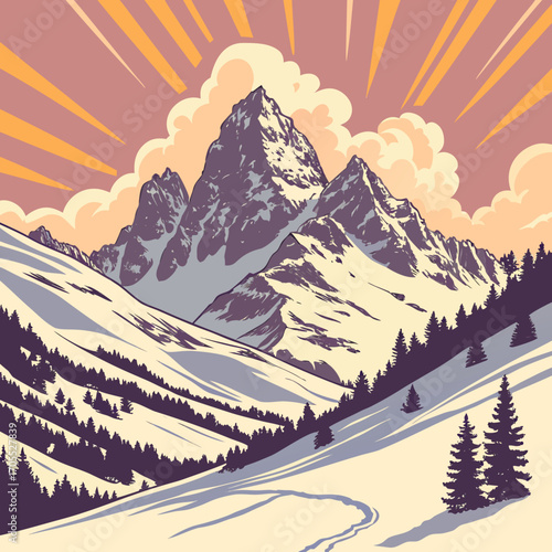 Vector art of a majestic mountain range rises against a radiant sky, with a snowy trail leading through the valley and evergreen trees lining the snowcovered slopes in winter