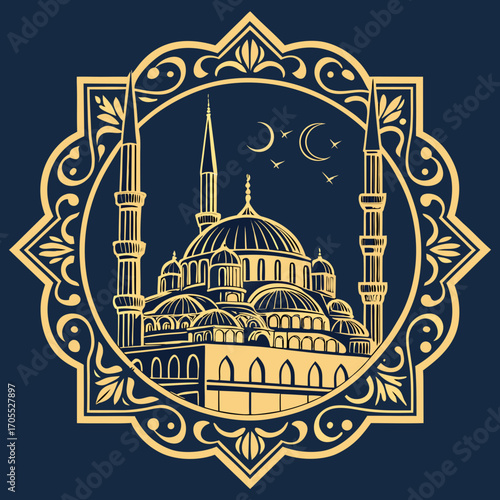 Vector art of a mosque illustration featuring domes and minarets, framed by an elaborate geometric border, capturing the essence of islamic design and heritage