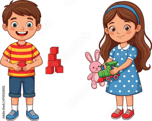 Smiling cartoon boy and girl playing with toy blocks, bunny, and train, kids indoor activity, fun childhood toy scene