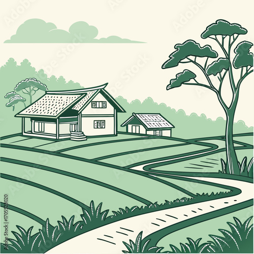 Vector art of a picturesque countryside view showcases a traditional house nestled among rolling green hills, with a winding path leading to it, and a majestic tree standing tall against the horizon