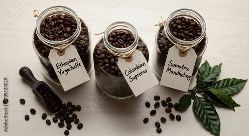 Three jars of coffee beans with origin labels and scattered beans