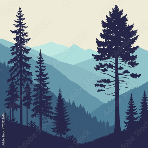 Vector art of a picturesque mountain scene featuring tall evergreen trees silhouetted against a backdrop of layered blue mountains, creating a tranquil and scenic nature view