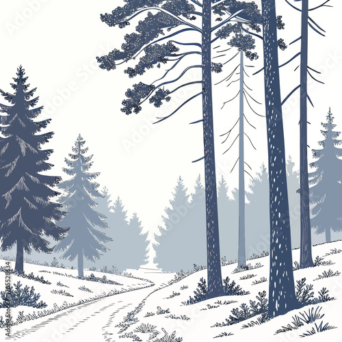 Vector art of a serene winter landscape featuring snowcovered ground, tall pine trees, and a winding path, creating a peaceful and inviting scene