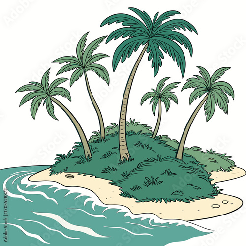 Vector art of a vibrant cartoon illustration showcases a tropical island paradise, complete with swaying palm trees, lush greenery, and gentle waves lapping against the sandy shore