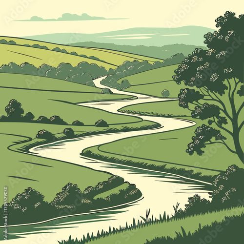 Vector art of a winding river flows through a lush green valley, with rolling hills and trees dotting the landscape, creating a serene and picturesque scene of natures beauty