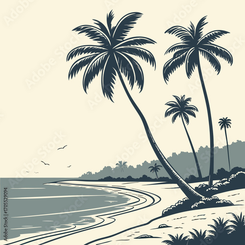 Vector art of a vintagestyle illustration of a tropical beach with palm trees, sandy shore, and gentle waves, capturing the essence of a relaxing seaside vacation and summer getaway