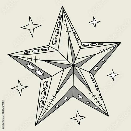 Vector art of an artistic illustration of a geometric star with unique patterns and textures, set against a light background, creating a vintage and eyecatching design