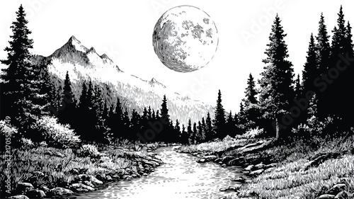 Moonlit Forest Black and White Drawing - Serene Nature Landscape Artwork