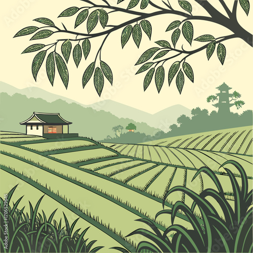 Vector art of an idyllic tea plantation vista reveals lush green fields cascading down hillsides, a traditional asian house, and a distant pagoda under a canopy of leafy branches