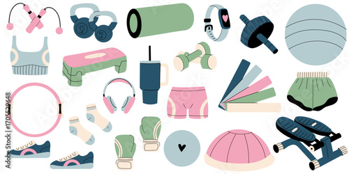Sport and fitness equipment set for workouts. Collection of sport and fitness gear