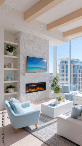 Bright modern coastal living room with light blue armchairs white coffee table built-in shelving fireplace wooden ceiling beams large windows ocean view and natural sunlight in contemporary apartment 