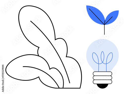 Black outlined leafy plant, blue sprouting seed, and eco lightbulb with leaf filaments. Ideal for nature, environment, sustainability, renewable energy, innovation eco-design growth. Simple flat