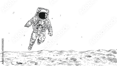 Abstract Astronaut Floating Above Moon Surface in Space Exploration Concept