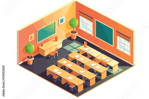 classroom interior isometric cutaway isolated