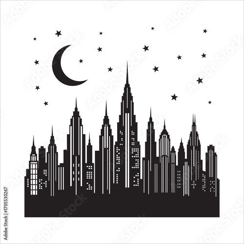Vector art of new york city skyline silhouette with moon and stars