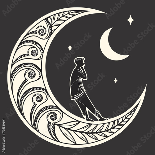 Vector art of artistic illustration of a man sitting on a crescent moon, gazing at the stars, conveying a sense of wonder, peace, and connection to the universe