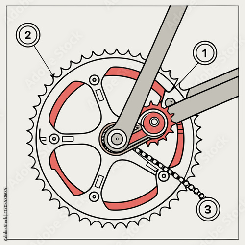 Vector art of bicycle drivetrain diagram, showing the chain, crankset, and frame, vector illustration for educational or technical purposes, detailed and informative