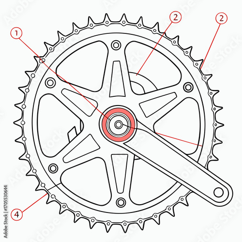 Vector art of bicycle crankset diagram, showing the different parts of the crankset, vector illustration for educational or technical purposes, detailed and informative