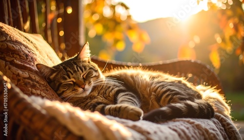 A tabby cat rests peacefully on a porch swing in autumn sunlight