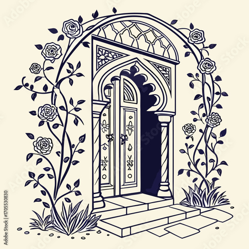 Vector art of enchanting moroccan doorway adorned with roses, a captivating illustration of an arched entrance, showcasing intricate architectural details and floral embellishments