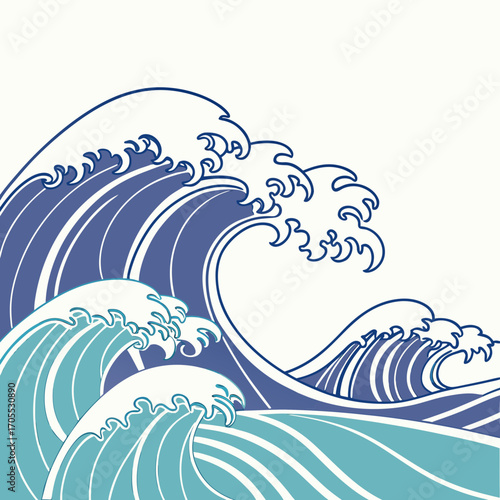 Vector art of great wave off kanagawa with mount fuji in the background, a japanese ukiyoe woodblock print from the edo period, featuring a large wave and a small mountain