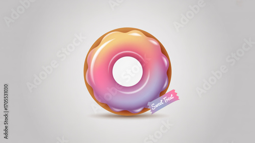 Colorful donut with a candy wrapper on a gray background, showcasing a sweet treat and sugary indulgence